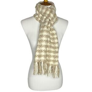Vtg Banana Republic Tweed Scarf Beige Cream Lambswool Mohair Fringe Tassel Boho